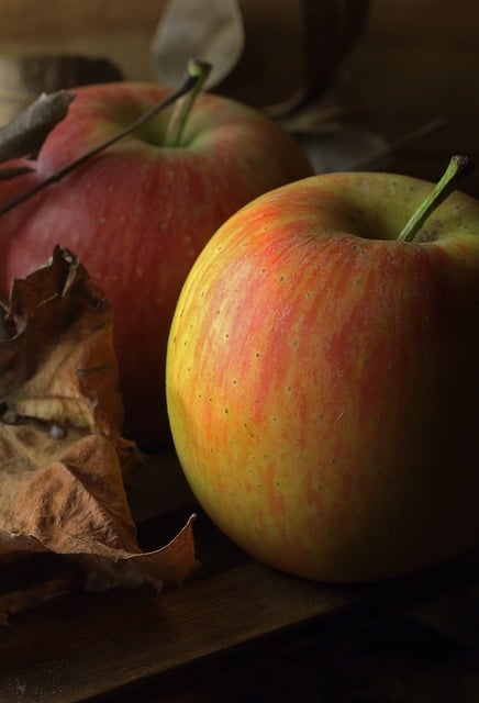 autumn apples and pears in wooden crate harvest